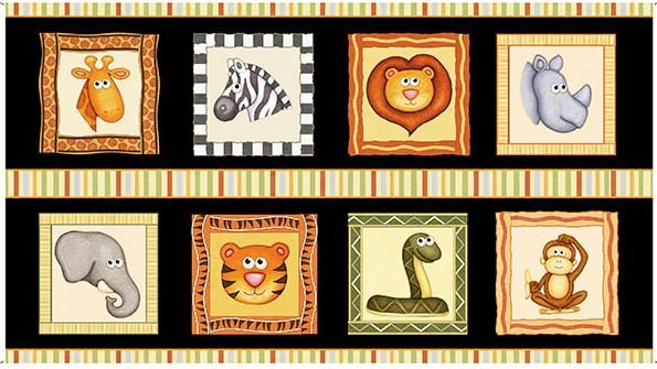 Jungle Buddies Animal Patch Panel 24" Black Dan Morris Quilting Treasures Cotton Fabric