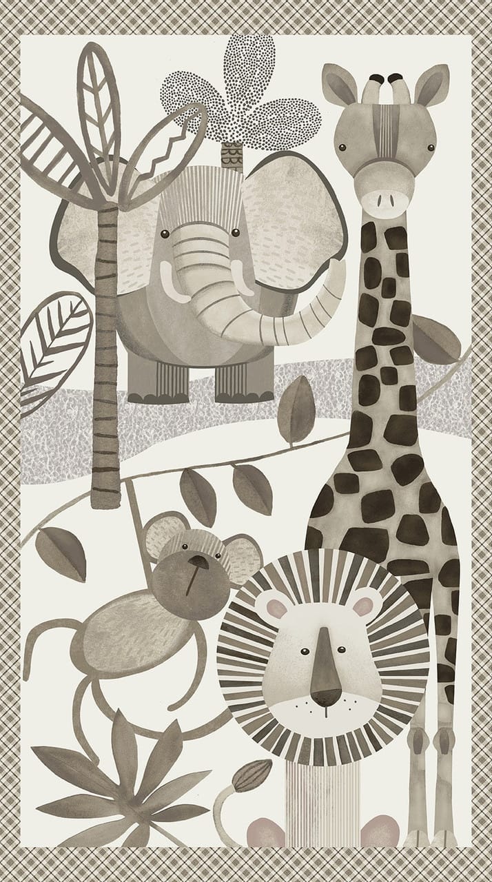 Jungle Romp Animals Panel 24" Beige Multi Betsey Cavallo Henry Glass Cotton Fabric HG-2112P-49 | US Fabric Shop