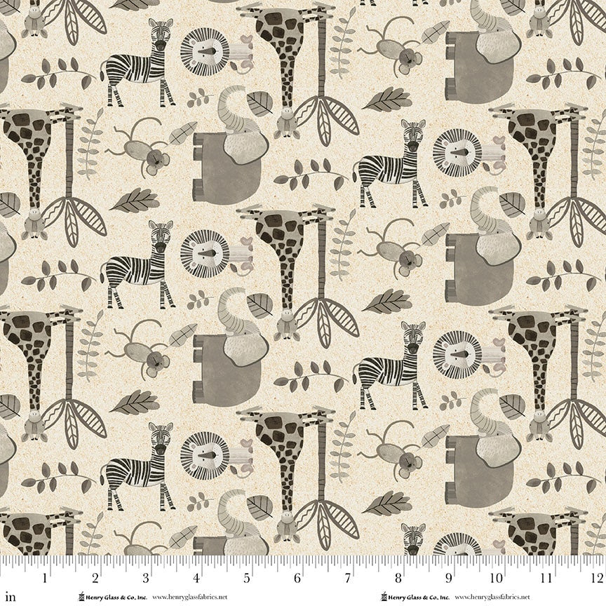 Jungle Romp Small Overall Animals Cream Betsey Cavallo Henry Glass Cotton Fabric HG-2108-44