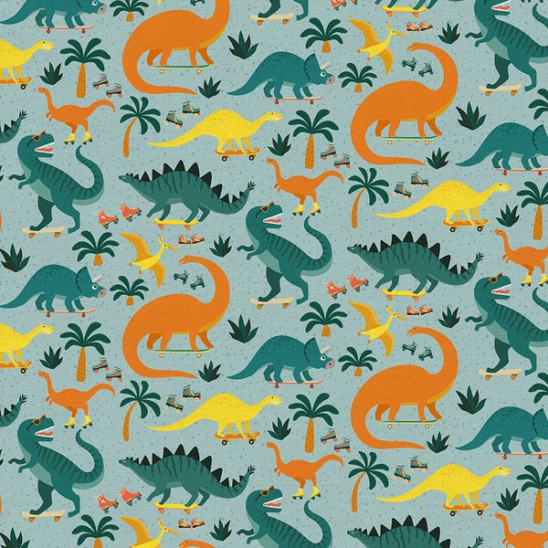 Jurassic Joyrides Dinosaurs T-Rex Triceratops Blue PBS Double Gauze Certified Cotton GOTS PBS-350-25399