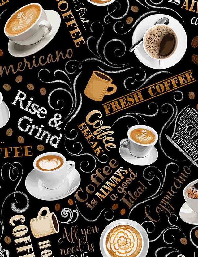 Just Brew It Tossed Coffee and Words Black Timeless Treasures Cotton Fabric