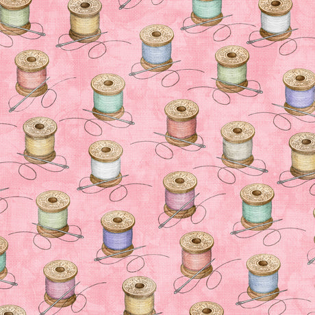 Just Sew Spools Pink Dan Morris Quilting Treasures Cotton Fabric