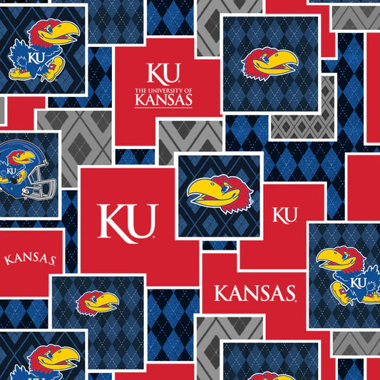 Kansas Jayhawks NCAA College Argyle Boxes Sykel Cotton Fabric SYK-KS-1371