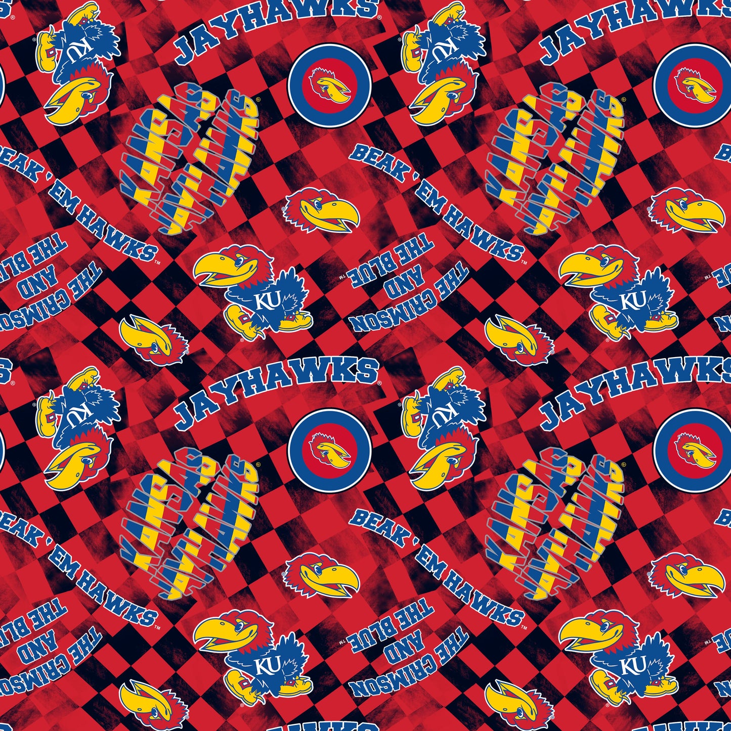 Kansas Jayhawks NCAA College Checks Red Sykel Enterprises Canvas Duck Cloth Cotton Fabric KS-1380-RED