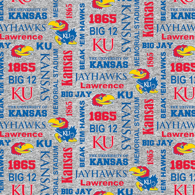 Kansas Jayhawks NCAA College Heather Verbiage Sykel Enterprises Polyester Fleece Fabric KS-1162 | US Fabric Shop