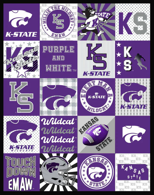 Kansas State Wildcat NCAA College Collegiate T-Shirt Panel 60"x60" Sykel Enterprises Polyester Minky Fabric SYK-KSU-1362