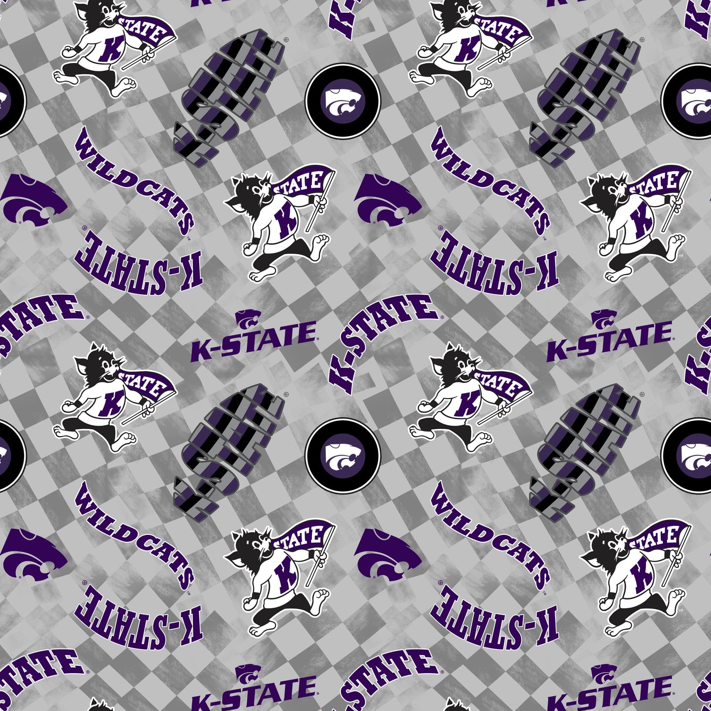Kansas State Wildcats NCAA College Checks Gray Sykel Enterprises Canvas Duck Cloth Cotton Fabric KSU-1380-GRAY
