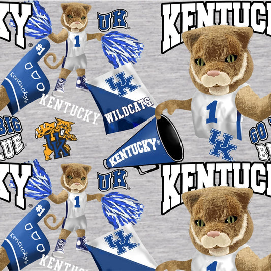 Kentucky Wildcats NCAA College UK Mascot Allover Heather Gray Sykel Cotton Fabric KY-1164