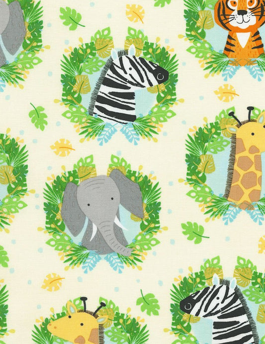 Kidz Wild Animals Elephant Giraffe Zebra Lion Circles Cream Timeless Treasures Cotton Fabric TT-C6415
