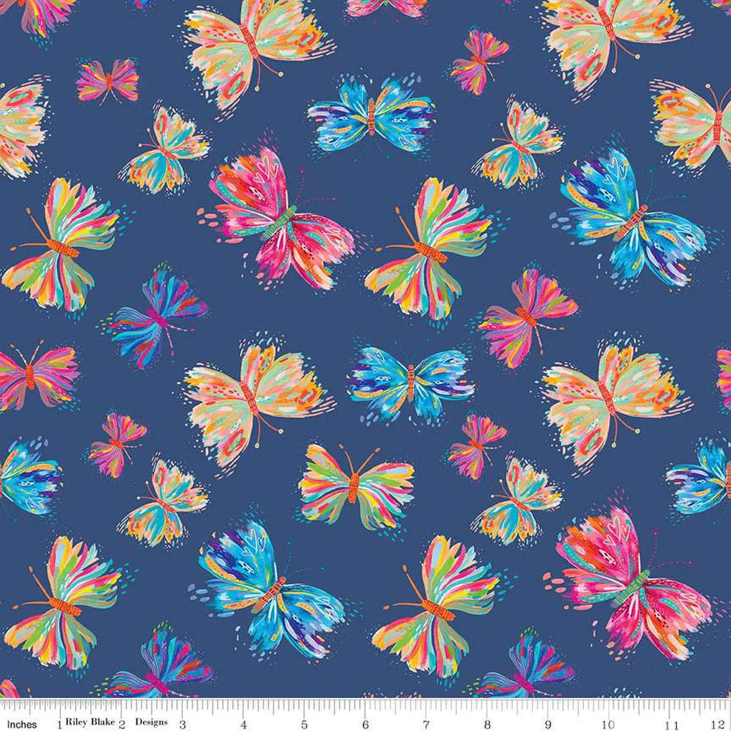 Kindness, Always Butterflies Allover Cloud Navy Blue Riley Blake Designs Cotton Fabric