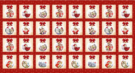 Kitten Christmas Block Panel 24" Red Studio E Cotton Fabric