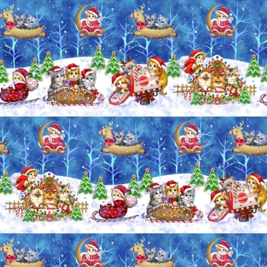 Kitten Christmas Border Stripe Cobalt Blue Studio E Cotton Fabric