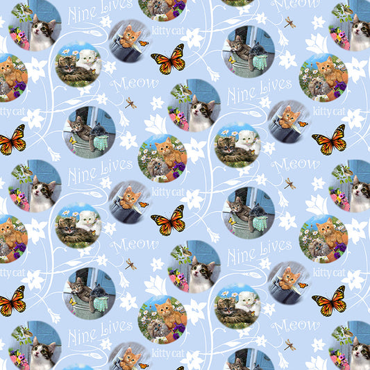 Kittens the Garden Kittens Circles Blue Robert Giordano Henry Glass Cotton Fabric