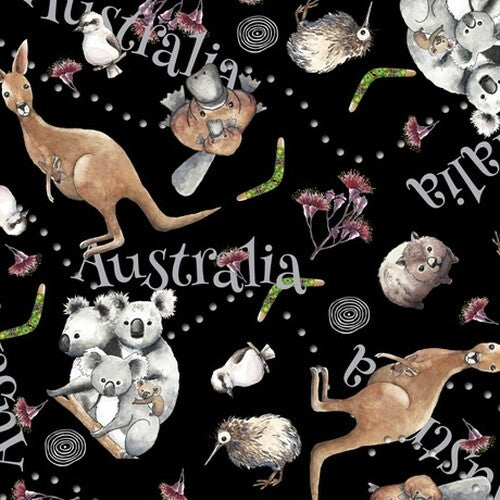 Kiwis and Koalas Animal Toss Black Quilting Treasures Cotton Fabric