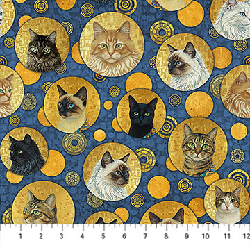 Klimty Cats Imperial Cattitu Golden Blue Patrick Lose Northcott Cotton Fabric NC-PL-10776-44