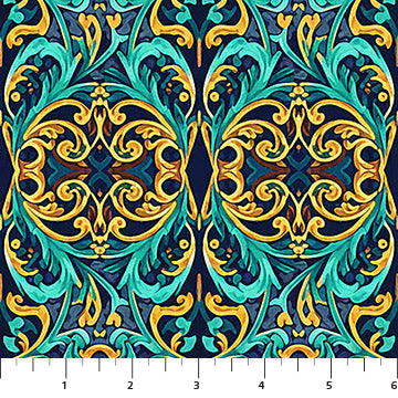 Klimty Cats Vienna Baroque Damask Scrolls Medallion Peacock Blue Patrick Lose Northcott Cotton Fabric NC-PL-10781-61