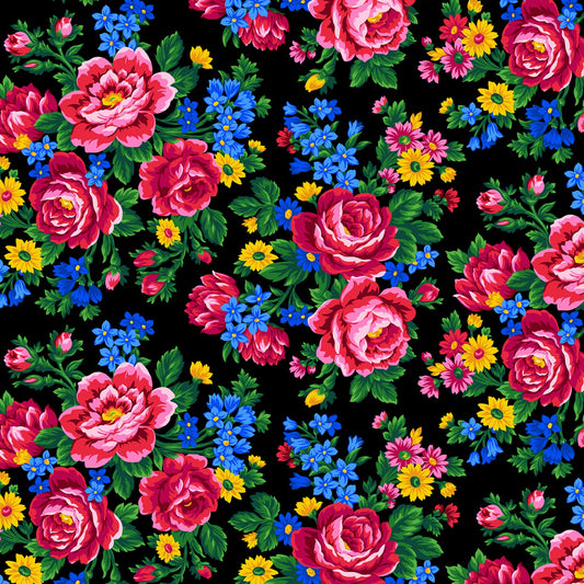 Kokum Scarf Floral Black Ukrainian Embroidered Babushka Elizabeth Studio Cotton Fabric ES-677-Black