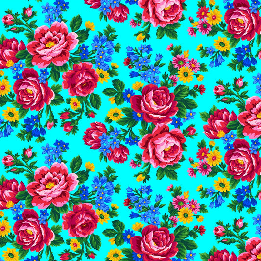Kokum Scarf Floral Ukranian Tossed Aqua Blue Elizabeth's Studio Cotton Fabric ES-677-AQUA