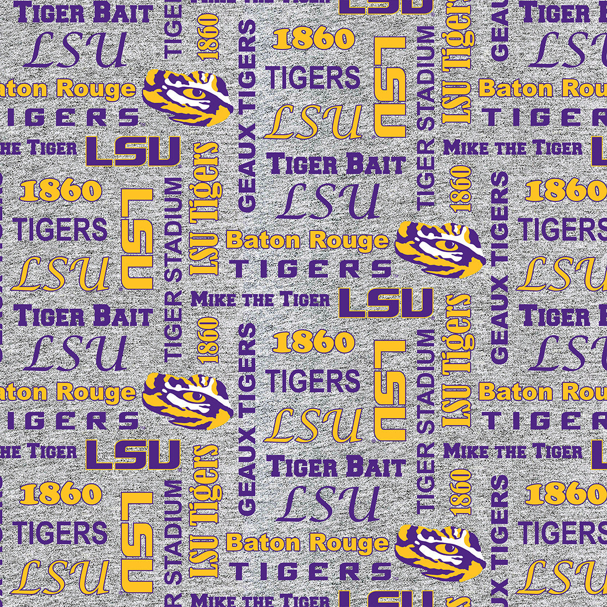 Louisiana State LSU Tigers NCAA College Heather Verbiage Sykel Enterprises Polyester FLEECE Fabric LSU-1162