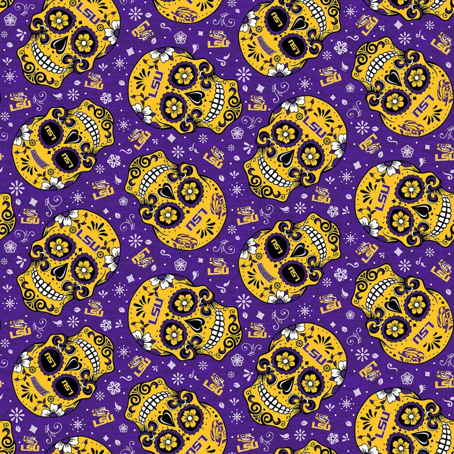 Louisiana State Tigers NCAA College Limited Run Sugar Skulls Sykel Cotton Fabric LSU-1193