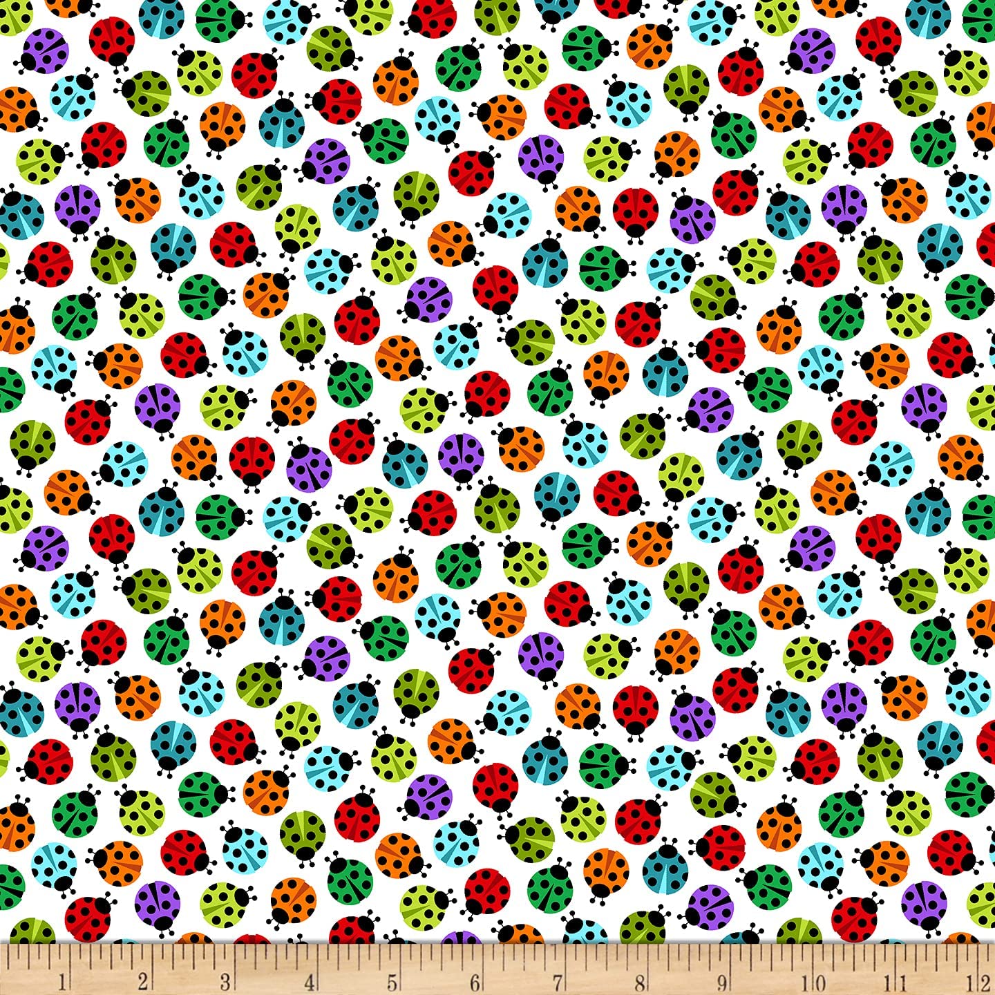 I'm Buggin' Out Ladybugs Tossed Rainbow ladybugs White Studio E Cotton Fabric