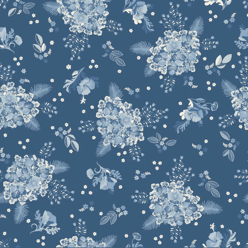 Lakeland Blues Hydrangeas Dark Samantha Walker Poppie Cotton Cotton Fabric POC-LB25814 | US Fabric Shop