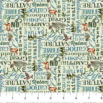 Lakeside Retreat Words Lt Green Multi Deborah Edwards Northcott Cotton Fabric NC-DP28487-71