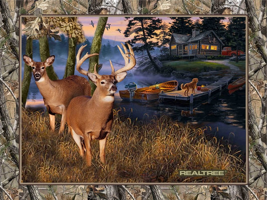 Realtree Lakeside Sunset Deer Dog Cabin Red Truck Boat Panel 36" Print Concepts Cotton Fabric Realtree-10164-Lakeside