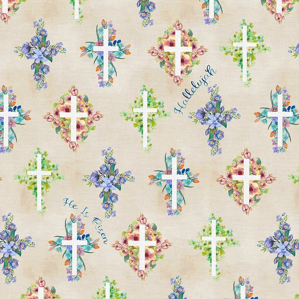 Lamb of God He Is Risen Crosses Beige Paintbrush Studios Cotton Fabric PBS-120-26468