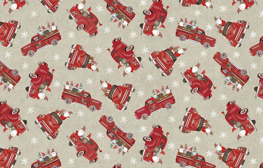 Let it Snow Christmas Truck and Gnome Beige Gail Cadden Timeless Treasures Cotton Fabric  TT-GAIL-CD2005-BEIGE