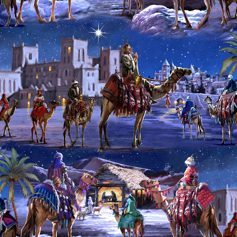 Let Us Adore Him Three King Voyage Blue The MacNeil Studio 3 Wishes Cotton Fabric 3W-23821-BLU