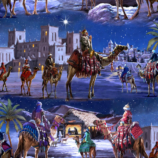 Let Us Adore Him Three King Voyage Blue The MacNeil Studio 3 Wishes Cotton Fabric 3W-23821-BLU