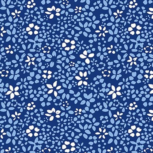 Liberty Flowers Navy Blue Satin Moon Designs Blank Quilting Cotton Fabric