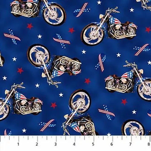 Liberty Ride Bike Toss Blue Greg Giordano Northcott Cotton Fabric