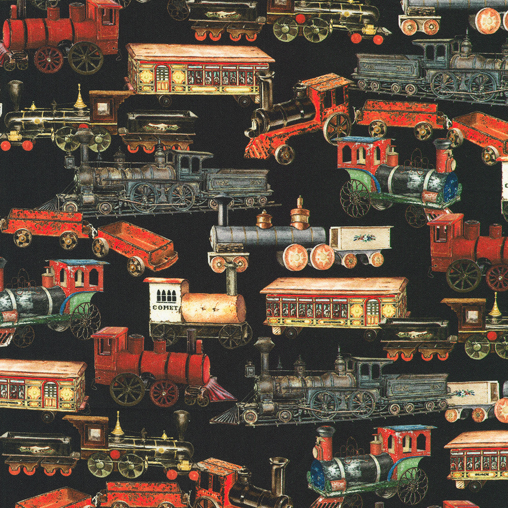 Library of Rarities Trains Black Robert Kaufman Cotton Fabric RK-SRKD-23355-2