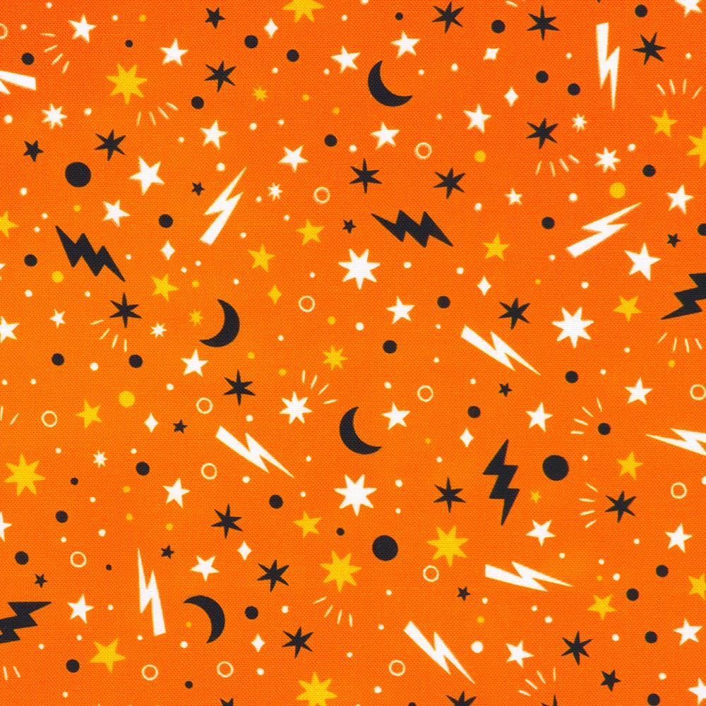Lights Out Glow in the Dark Halloween Moons Stars Pumpkin Orange Robert Kaufman Cotton Fabric RK-SRKDO-23744-148