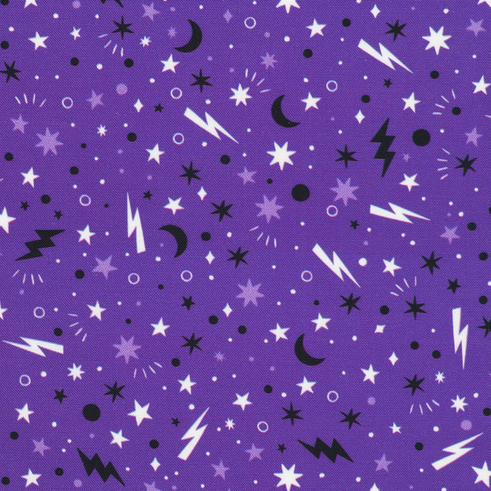 Lights Out Glow in the Dark Halloween Moons Stars Purple Robert Kaufman Cotton Fabric RK-SRKDO-23744-148