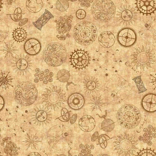 Like Clockwork Clock Tonal Tan Beige Morris Creative Group Quilting Treasures Cotton Fabric QT-2600-30729-A