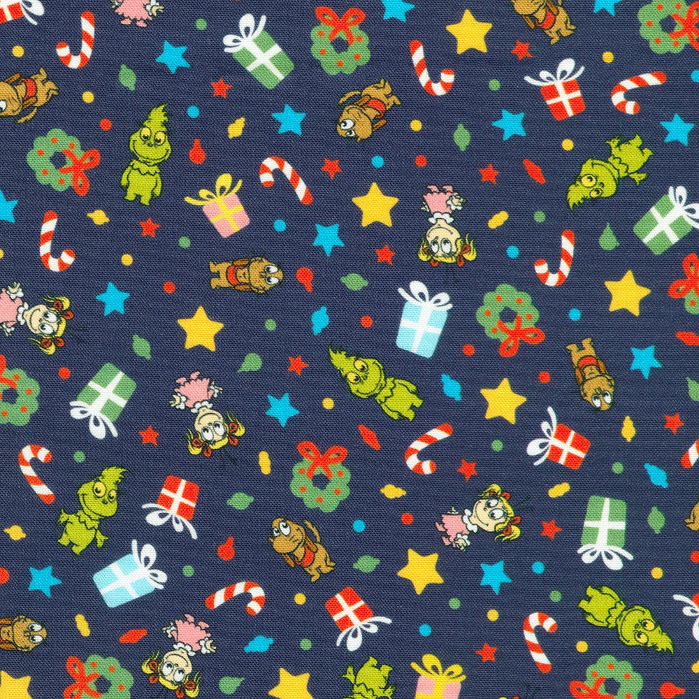 Little Grinch Characters Presents Motifs Navy Blue Dr Seuss Enterprises Robert Kaufman Cotton Fabric RK-ADED-23877-4