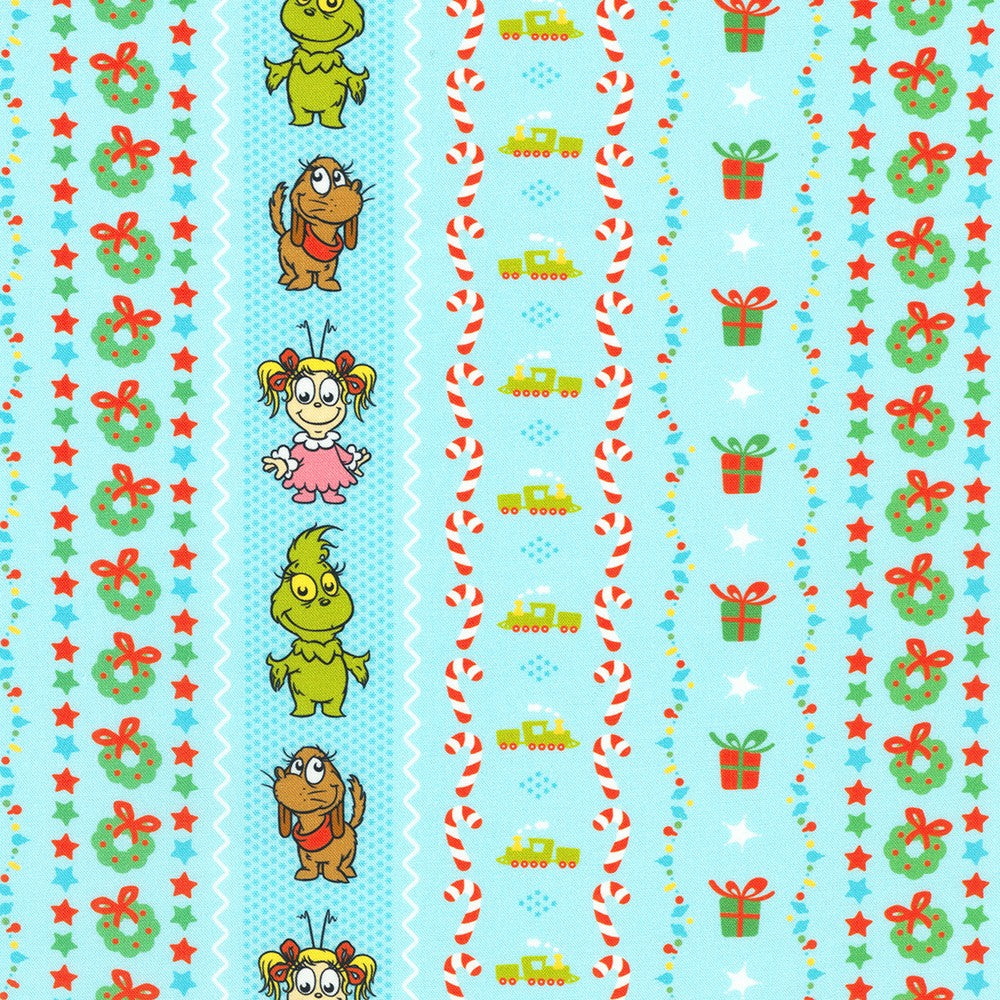 Little Grinch Characters Stripe Blue Dr Seuss Enterprises Robert Kaufman Cotton Fabric RK-ADED-23873-4