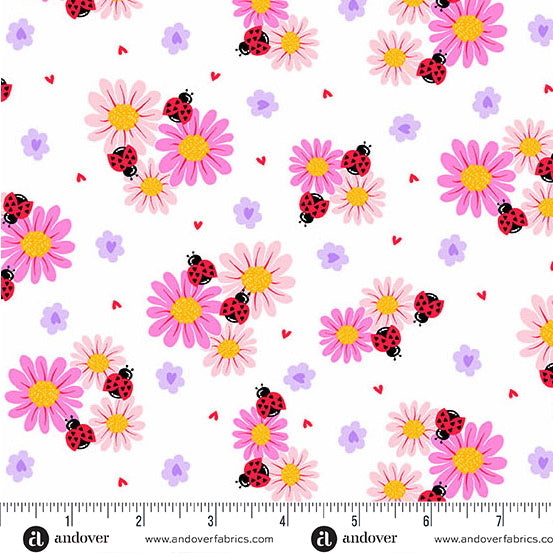 Little Ladies Petal Paradise Ladybugs White Tami Jones Andover Fabrics Cotton Fabric AF-A-10502-L