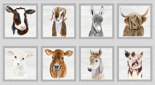 Little Seedlings Farm Animal Block Panel 24" Light Grey Moque Lee Studio Blank Quilting Cotton Fabric BQ-4389P-90