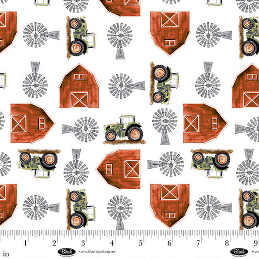 Little Seedlings Farm Barn and Tractors White Moque Lee Studio Blank Quilting Cotton Fabric BQ-4382-01