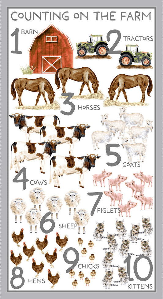 Little Seedlings Farm Counting Panel 24" White Moque Lee Studio Blank Quilting Cotton Fabric BQ-4388P-01