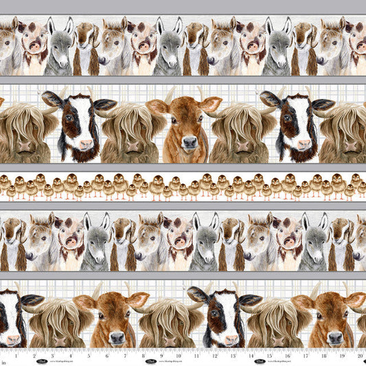 Little Seedlings Farm Stripes with Animals White Moque Lee Studio Blank Quilting Cotton Fabric BQ-4387-01