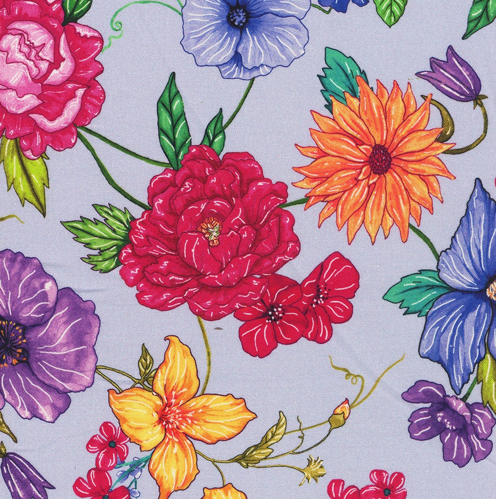 Living Color Large Floral Spaced Blue Chong‑A Hwang Timeless Treasures Cotton Fabric TT-CD4052-BLUE