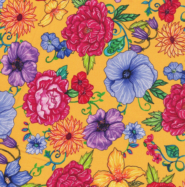 Living Color Medium Hacienda Floral Yellow Chong‑A Hwang Timeless Treasures Cotton Fabric TT-CD4053-YELLOW