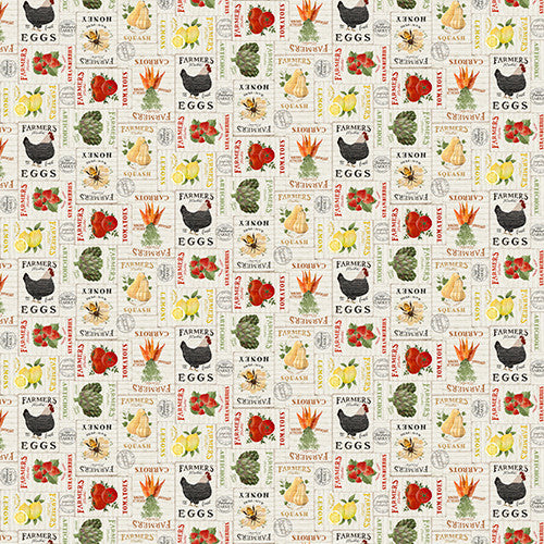 Locally Grown Market Signs Cream Beth Albert 3 Wishes Cotton Fabric 3W-20191-Cream