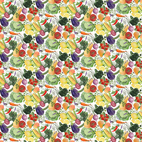 Locally Grown Veggie Toss White Beth Albert 3 Wishes Cotton Fabric 3W-20194-White