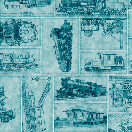 Locomotion Train Patch Turquoise Blue Quilting Treasures Cotton Fabric
